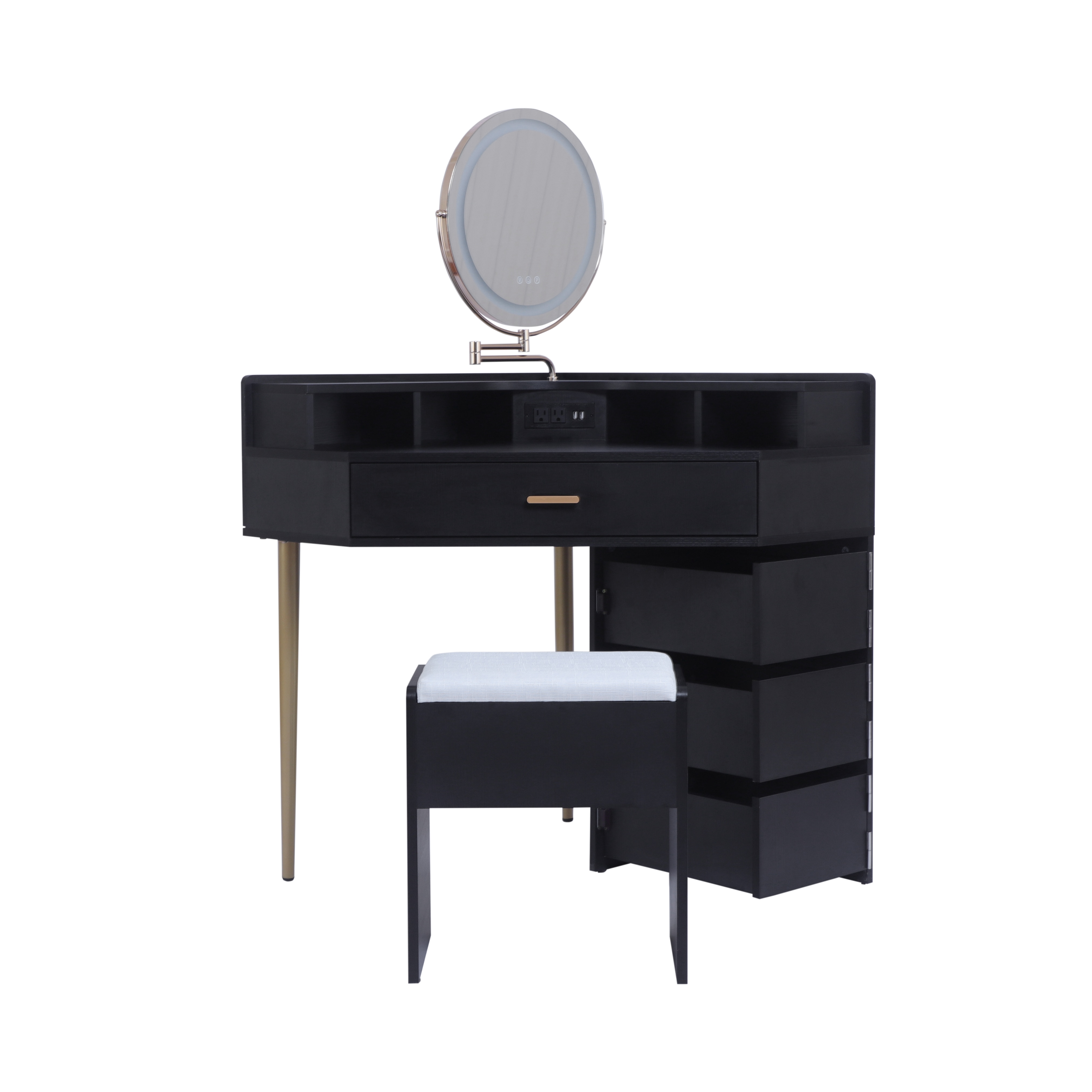 dresser With Its Own Storage And Delicate Mirror Table, Carrying A Stool, Featuring USB Port, Suitable For Bedroom, Dressing Room(Black Dressing Stool + Dresser Set)_voghion.com